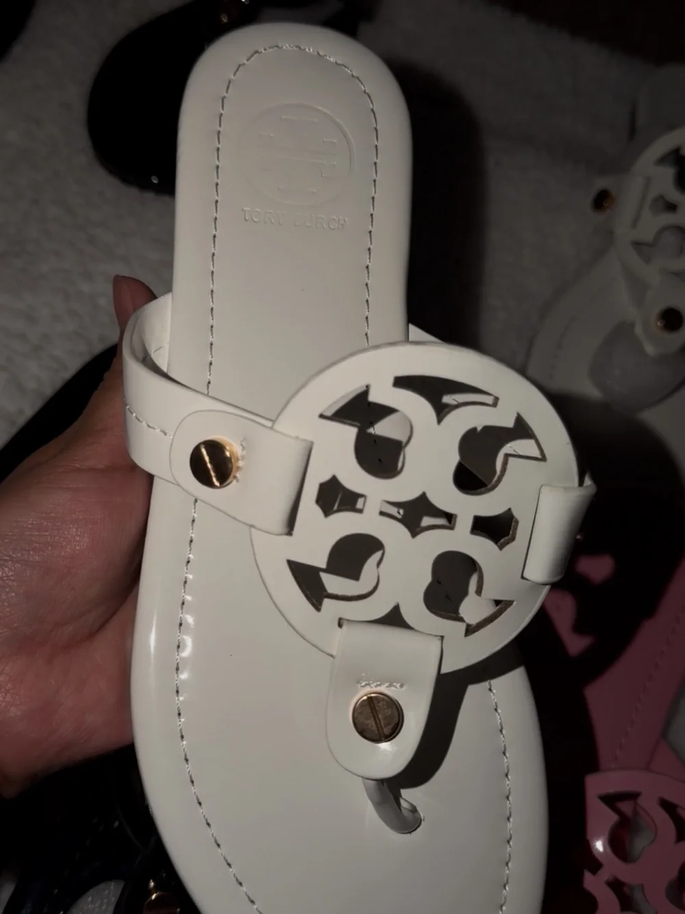 Tory Burch White Miller Logo Thong Sandal with Gold Accents